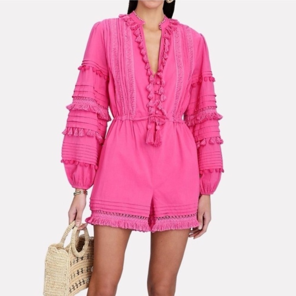Intermix June Cotton Tassel Fringe Tie Waist Boho Romper Pink Long Sleeve Size 4